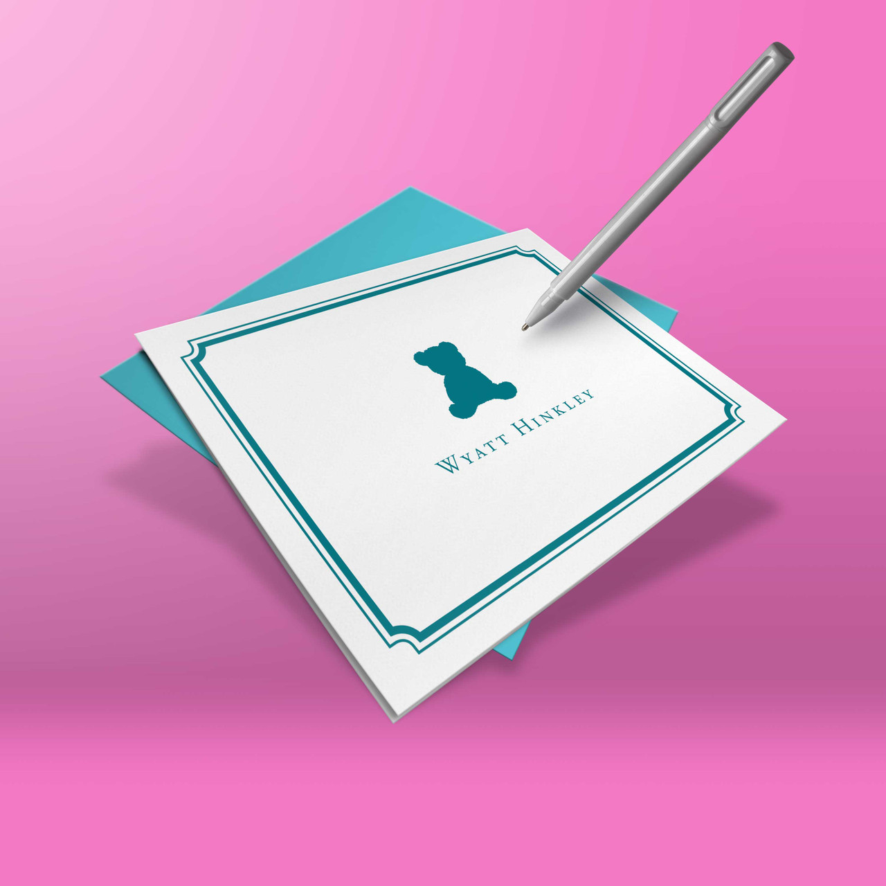 Modern personalized baby stationery with teddy bear design – unique folded cards for toddlers and kids